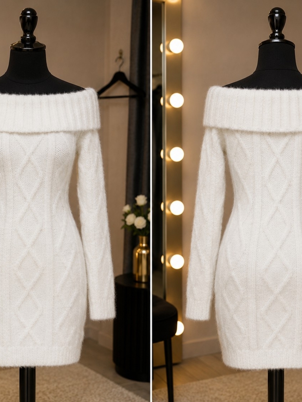 Forever 21 White Off-Shoulder Cable Knit Sweater Dress